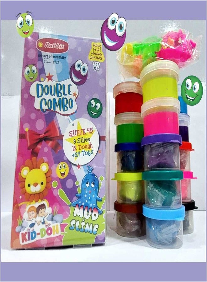 Rabbit Dough & Slime Double Combo Pack | 12 Soft Modelling Doughs + 8 Galaxy Slimes + 24 Fun Moulds + Roller & Cutter | 24 Vibrant Shades | Creative Play Set for Kids Age 3+ | Multicolor Toy Gift - Image 1